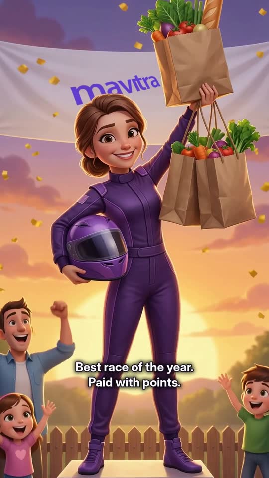 Jess, Mavitra's mascot, on the podium holding up her groceries and her racing helmet